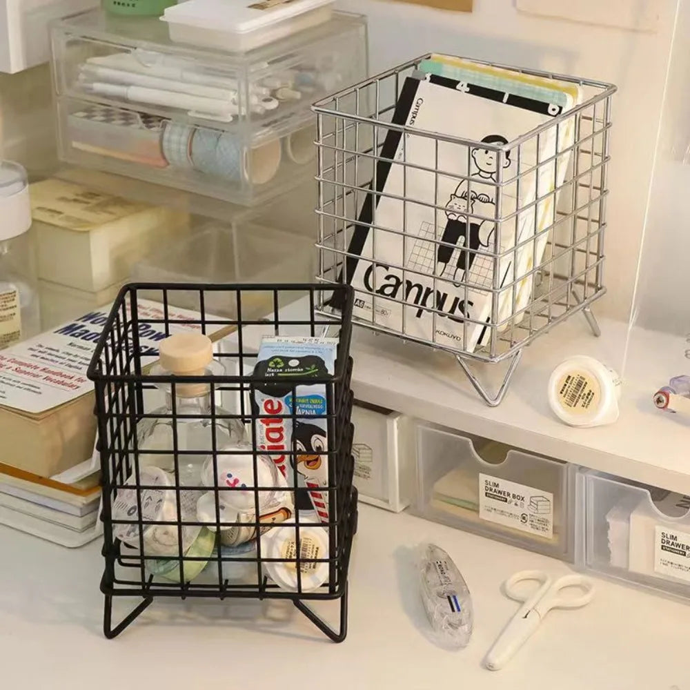 Durable Black Silver Pink Square Basket Makeup Sorting Storage Desktop Basket Pen Holder Storage Basket